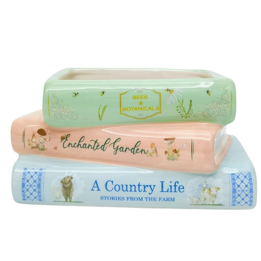 cute ceramic stacked book planter with indoor plant gift for plant lover