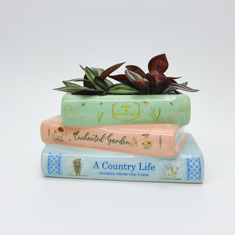 cute ceramic stacked book planter with indoor plant gift for plant lover