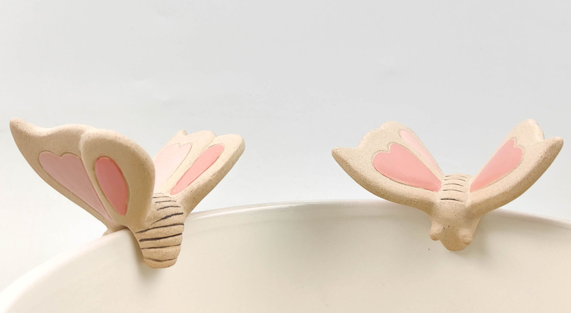 Two butterfly-shaped ceramic items on a plant pot rim with white background