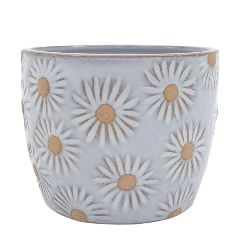 Ceramic pot with daisy pattern on a white background
