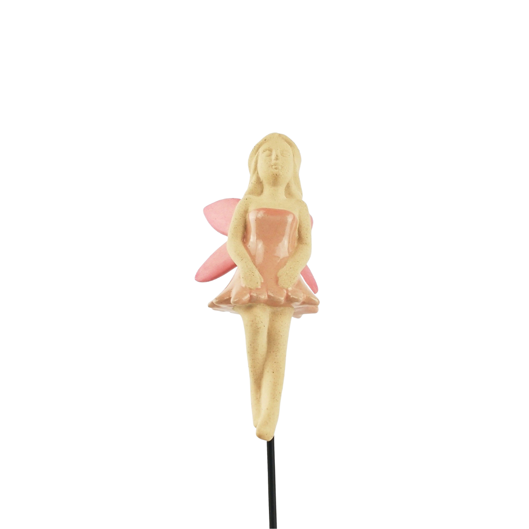 Small fairy figurine on a plant stake  with white background