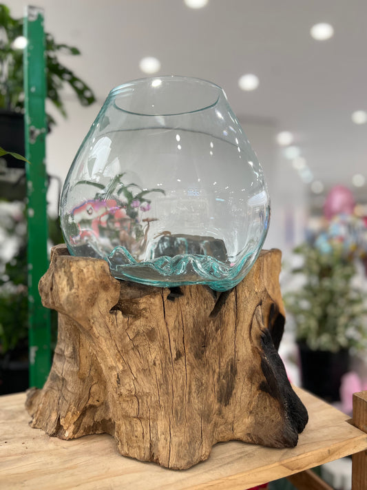 Empty XXL Glass Slump Bowl on Timber Base