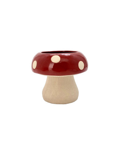 Mushroom-shaped PLANTER with red cap and beige stem on a white background