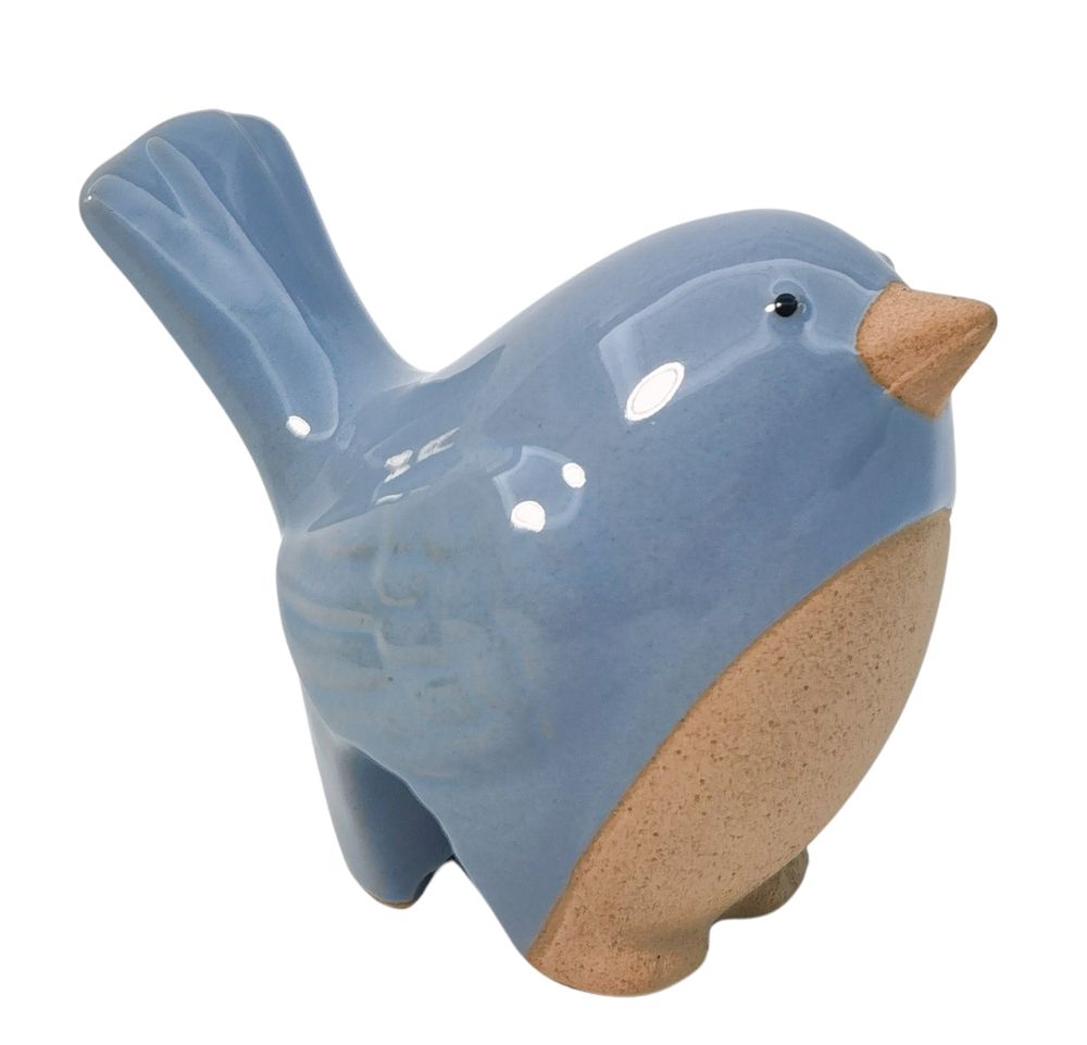 A ceramic bird pot hanger in blue color with a brown belly.