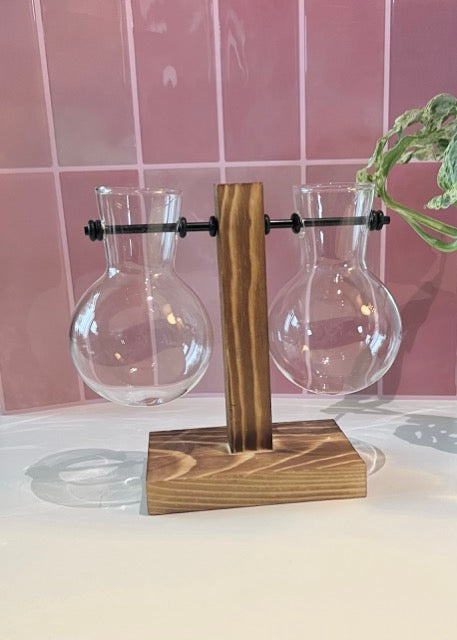 timber stand with two glass jars hanging on a black metal rod for plant cuttings