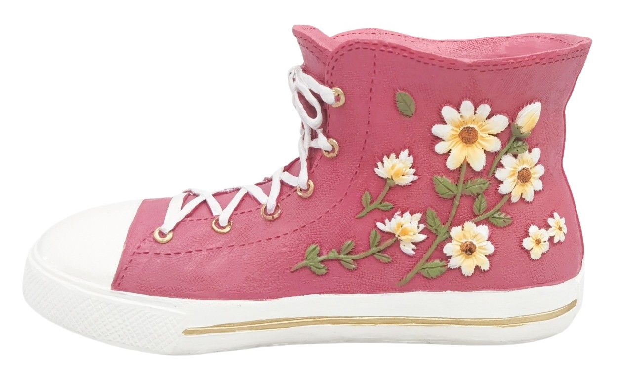 Pink high-top sneaker-shaped planter with floral embroidery on a white background
