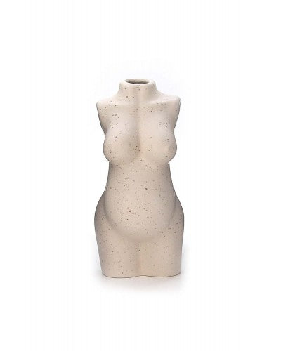 A beige ceramic vase in the shape of a pregnant body, with no drainage hole at the bottom.