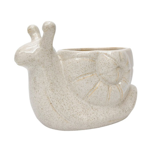 Ceramic snail-shaped planter on a white background