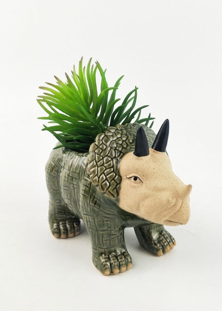 A ceramic planter in the shape of a Triceratops dinosaur with a small plant growing out of the top.