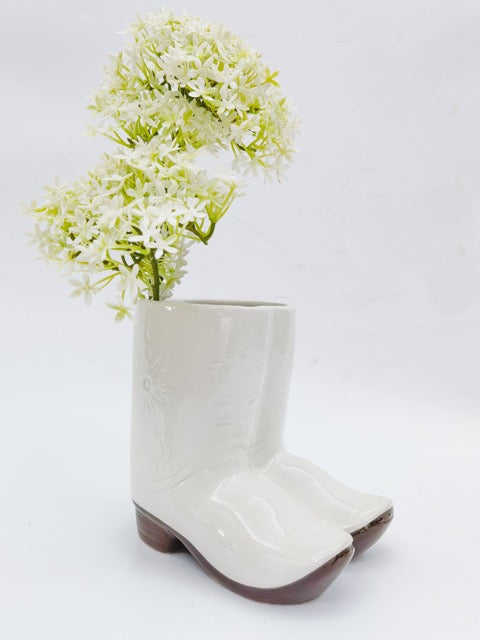 White cowboy boots planter – novelty ceramic indoor plant pot for western lovers and plant parents