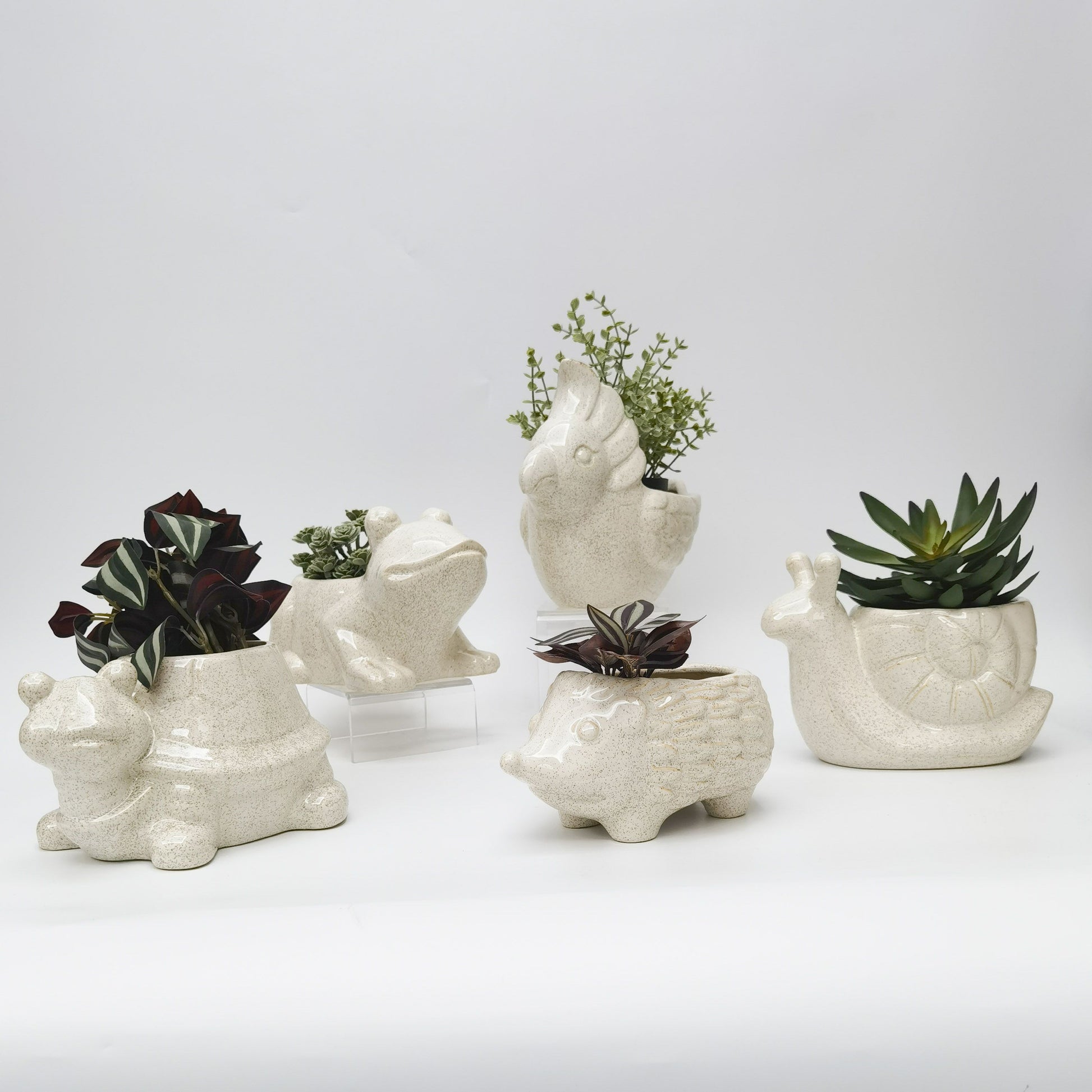 Set of white ceramic animal planters with plants on a light gray background