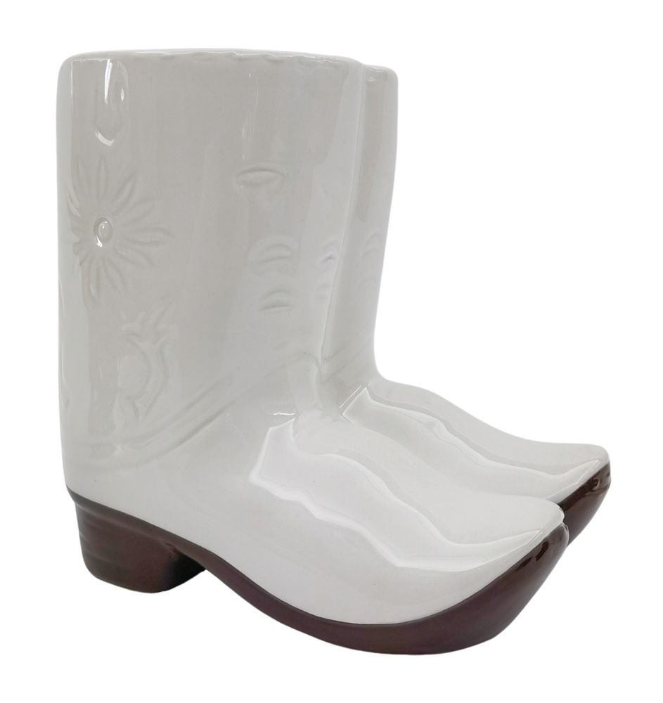 White cowboy boots planter – novelty ceramic indoor plant pot for western lovers and plant parents