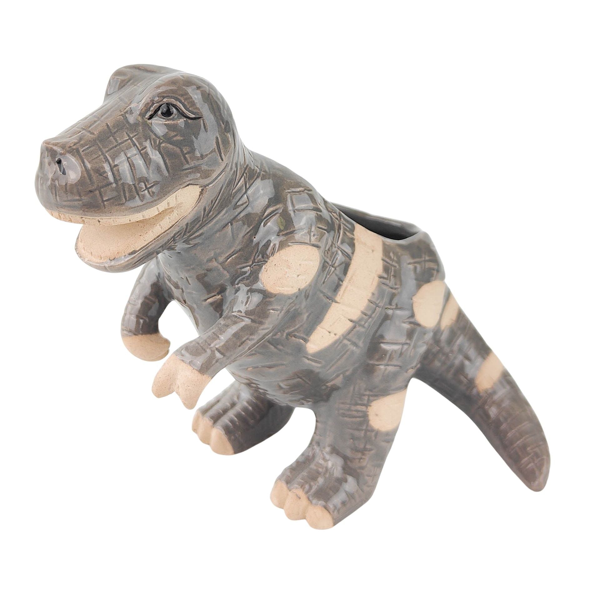 a t rex shaped ceramic planter
