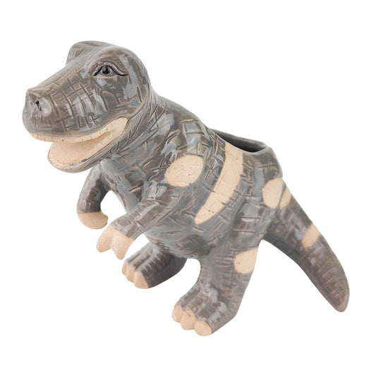 a t rex shaped ceramic planter