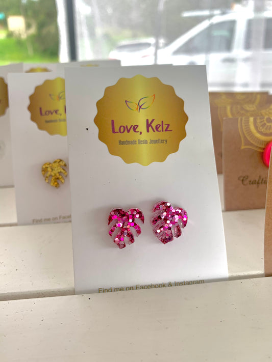 Glitter Mini Monstera Stud Earrings by Love, Kelz - Mad Plant Ladies