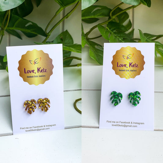 Glitter Mini Monstera Stud Earrings by Love, Kelz - Mad Plant Ladies