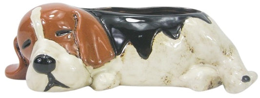 Ceramic beagle-shaped planter with brown, white, and black colors on a white background