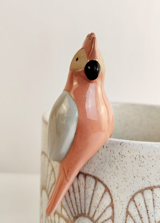 A ceramic pot hanger in the shape of a galah perched on a pot with a beige and pink color scheme.