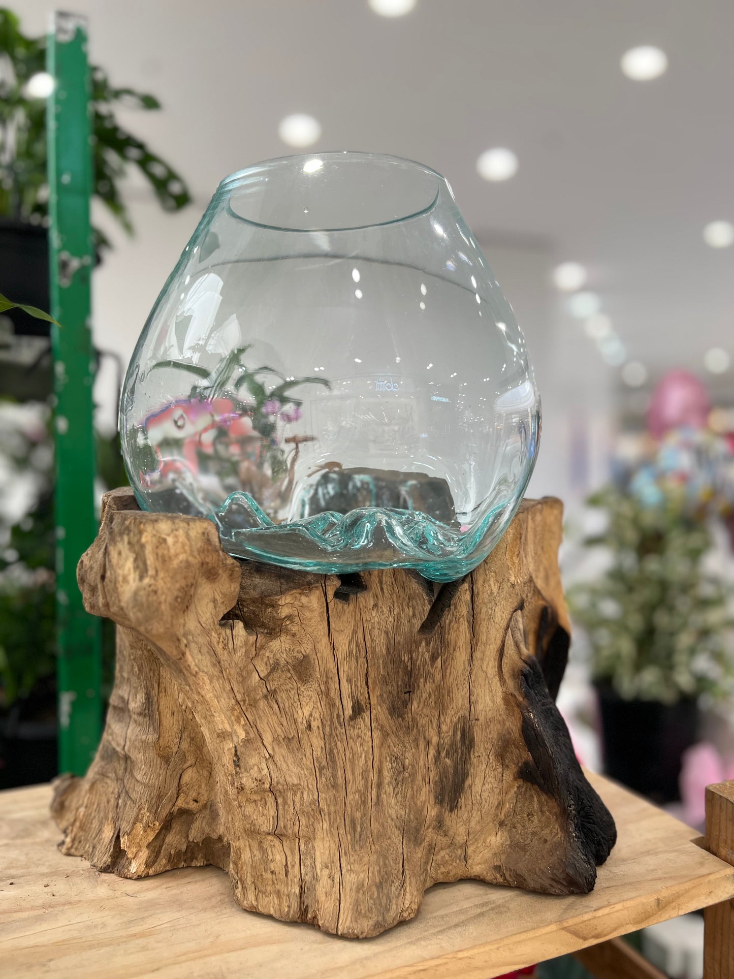 Empty XXL Glass Slump Bowl on Timber Base