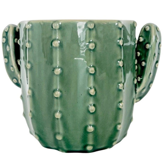 Green ceramic cactus-shaped planter on a white background