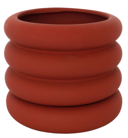 Naomi Ring Planter in deep berry with matching saucer – fun, sculptural indoor plant pot for stylish home gardens or gifts for plant lovers.