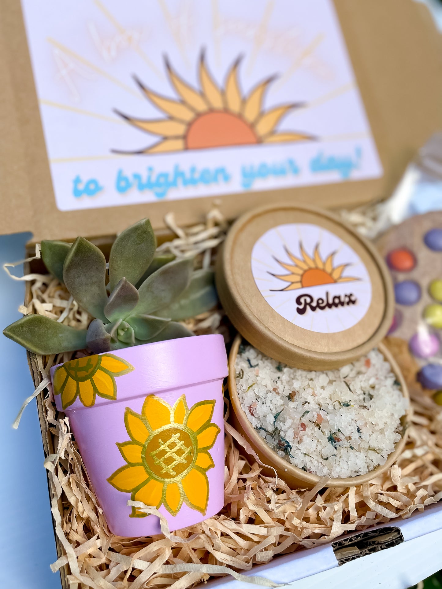 Box of Sunshine, Sunflower + Succulent gift box, Handmade Gift Box, covid care package