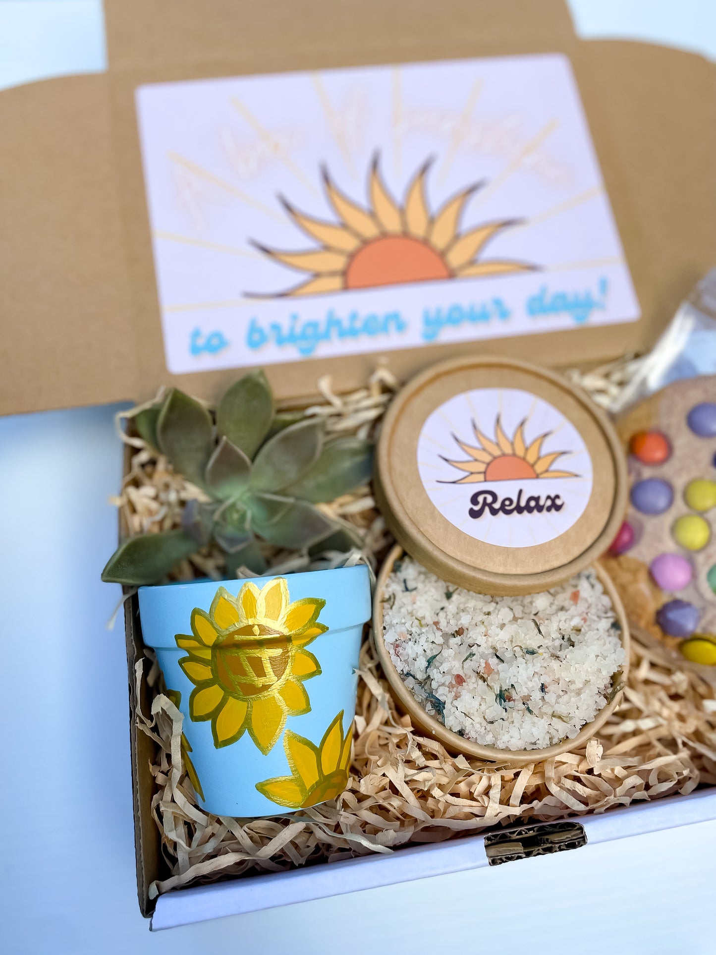 Box of Sunshine, Sunflower + Succulent gift box, Handmade Gift Box, covid care package